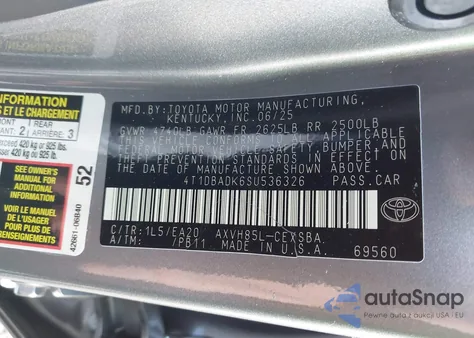 2025 Toyota Camry Se from USA, damaged, VIN 4T1DBADK6SU536326